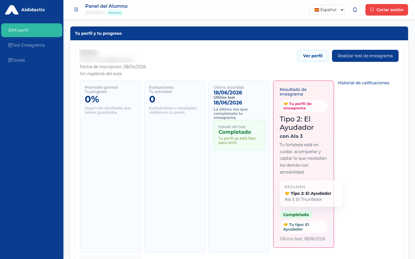 Resultado del test inicial de un alumno en Aididactic: perfil pedagógico con tipo de eneagrama para adaptar la enseñanza desde el primer día
