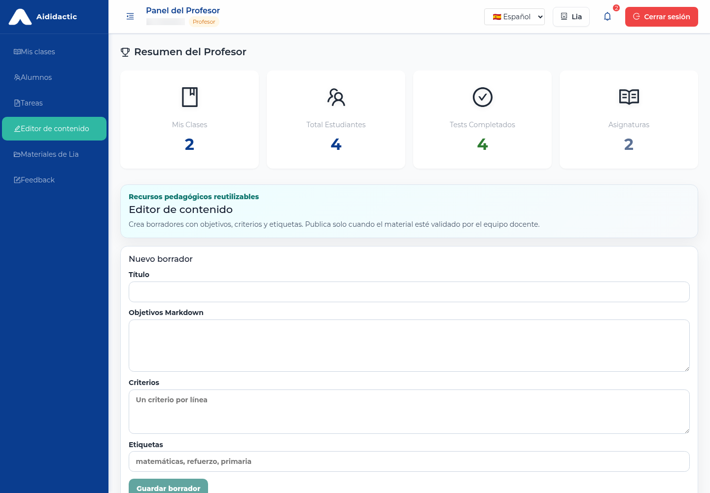 Editor de contenido de Aididactic con objetivos, competencias y criterios curriculares para generar actividades alineadas con el currículo oficial