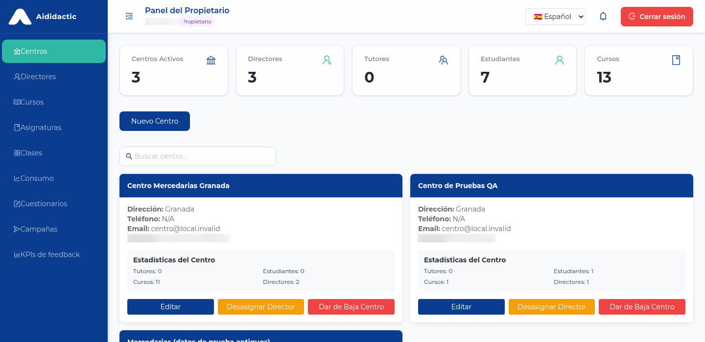 Panel de administración de centros educativos en Aididactic, con datos mínimos y control por centro para colegios e institutos de Granada, Andalucía y España